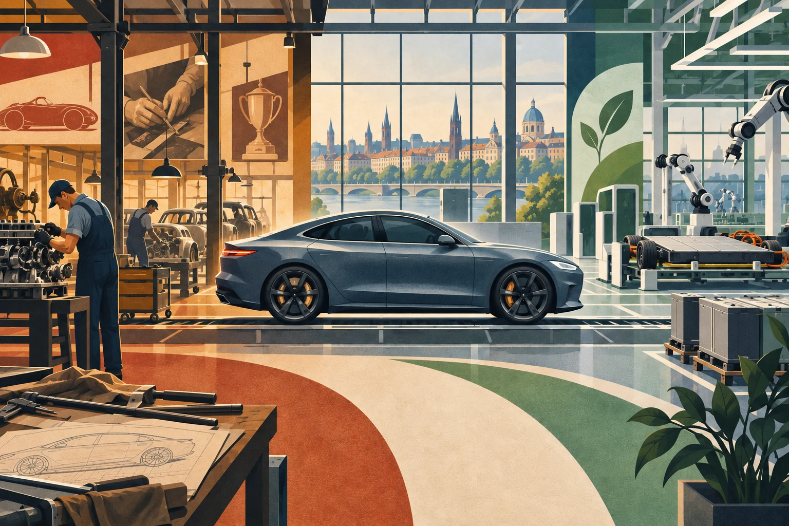 A performance-sedan silhouette crosses a Munich factory from combustion-era craft toward an electric architecture.