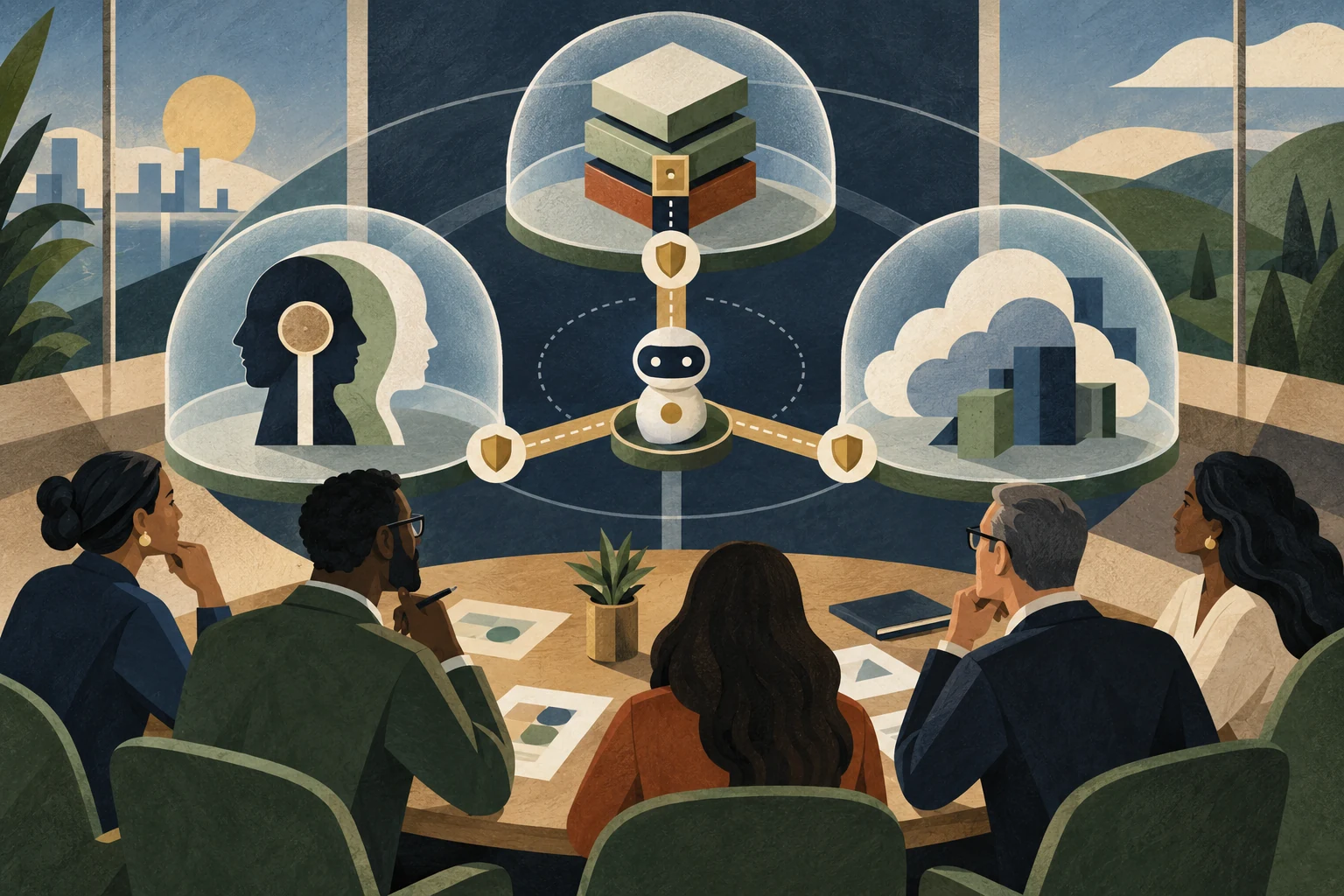 A human security team reviews an AI agent moving among protected identity, data and cloud-resource zones.