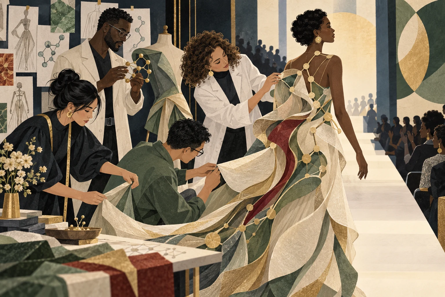 Student designers and scientists shape molecular motifs into original couture for an inclusive runway.