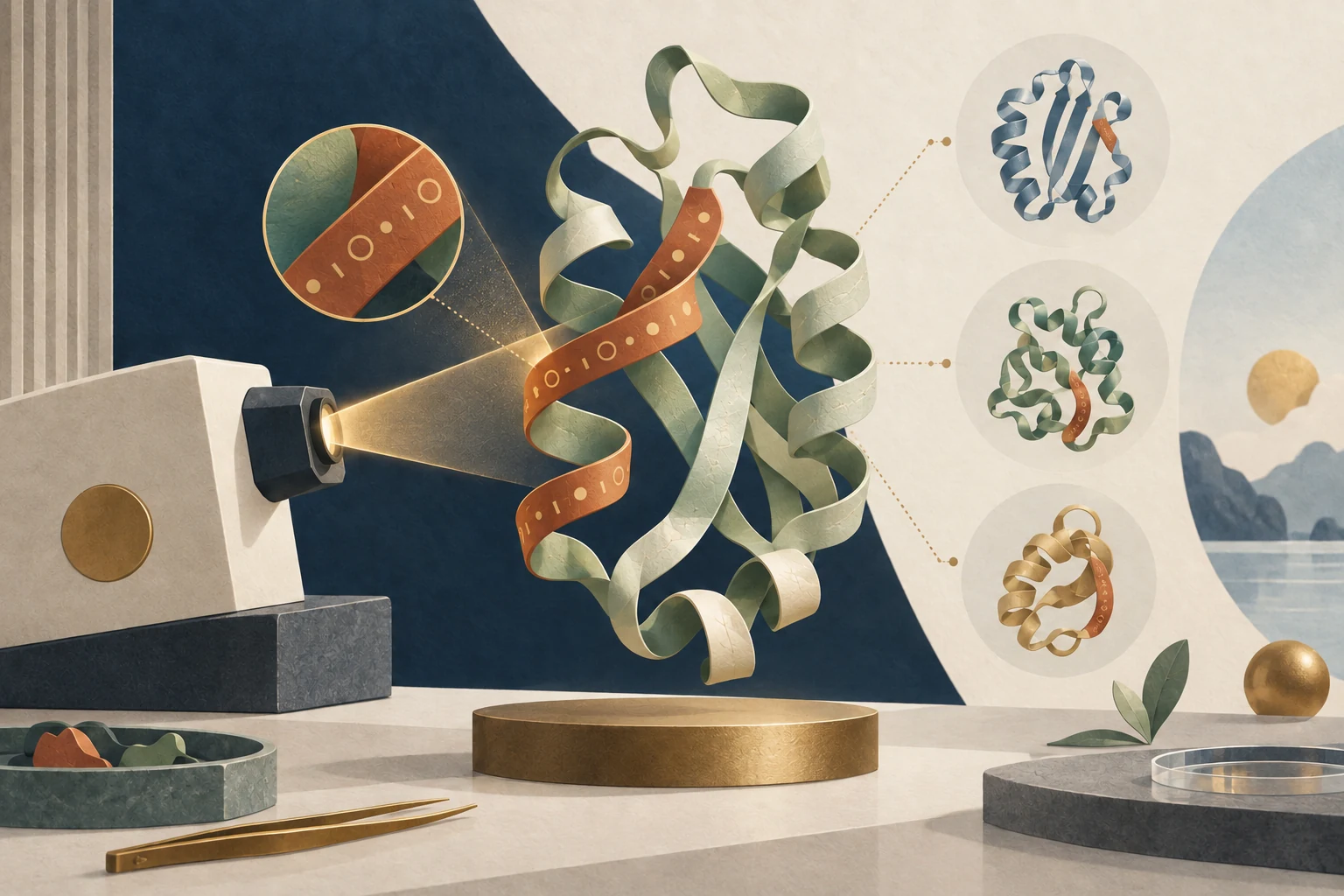 An abstract protein ribbon carries a subtle repeating signal while a laboratory scanner checks its provenance.
