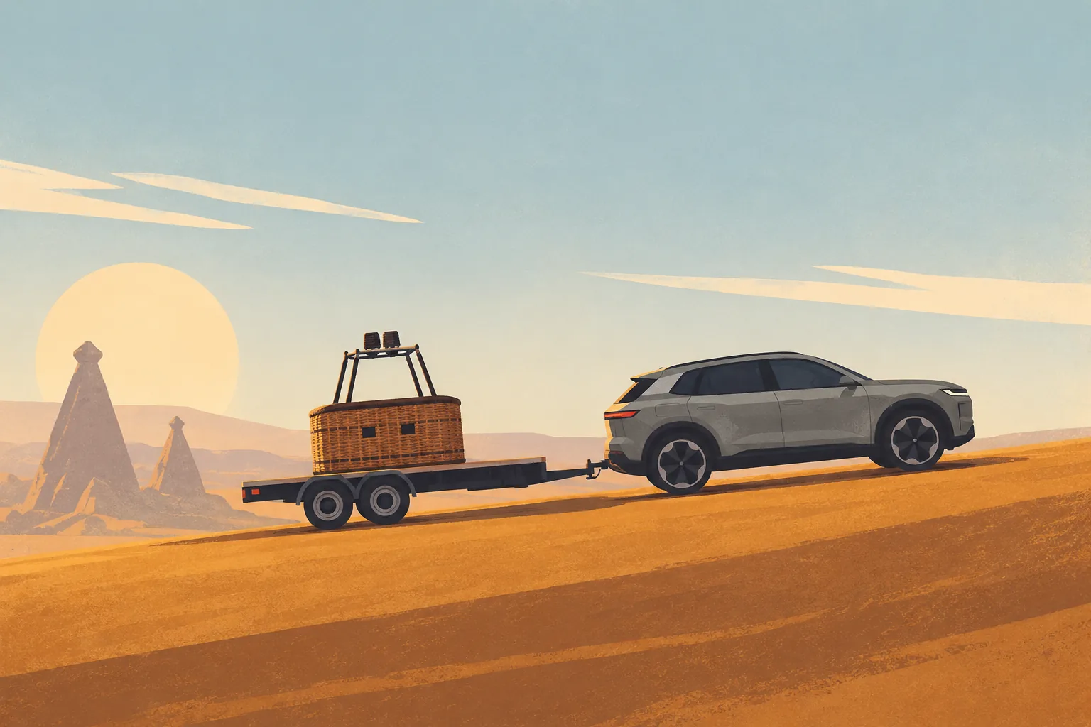 An electric SUV tows a trailer carrying a balloon basket across a Cappadocia slope.