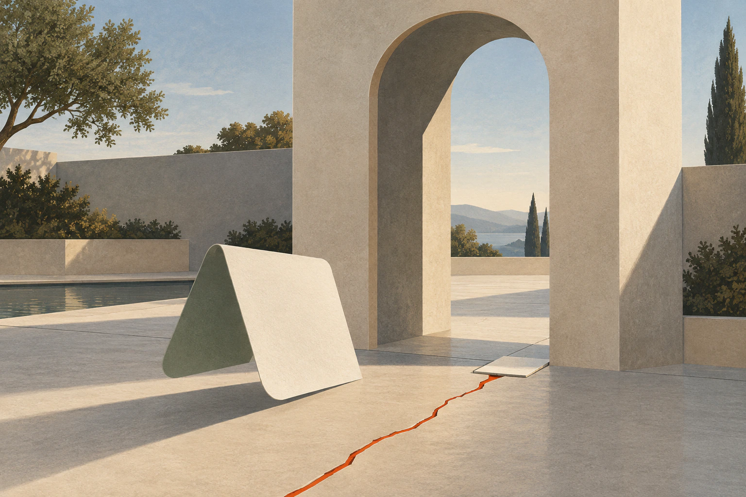 An abstract flow card approaches a repaired crack at a modern arched gateway.