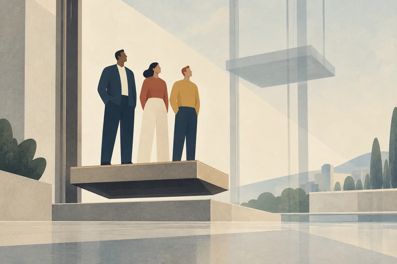Three workers rise on a modest platform below the faded level of an earlier estimate.