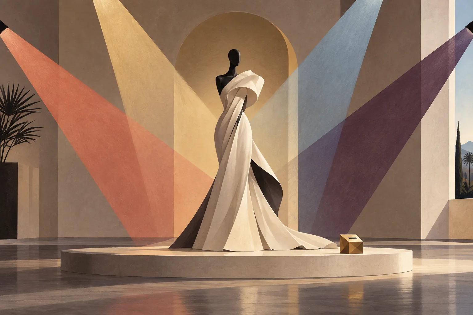 Four colored spotlights converge on a sculptural fashion form beside a ballot box.