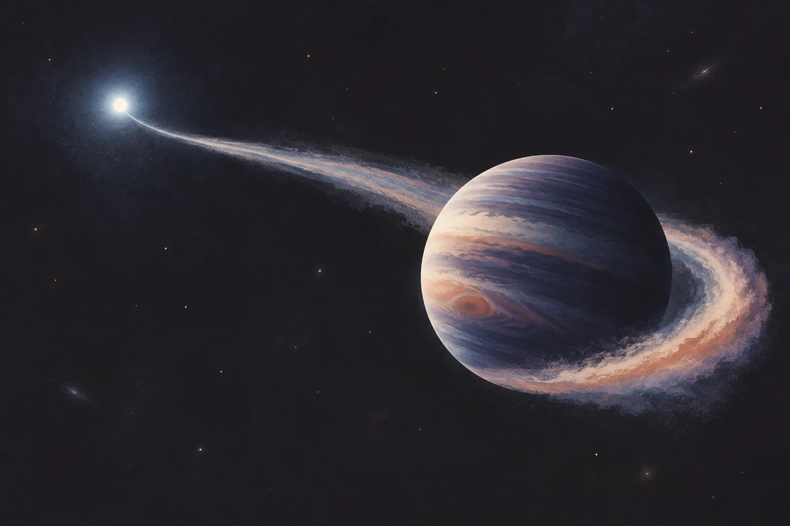 A white dwarf sends a ribbon of material around a possible gas giant.