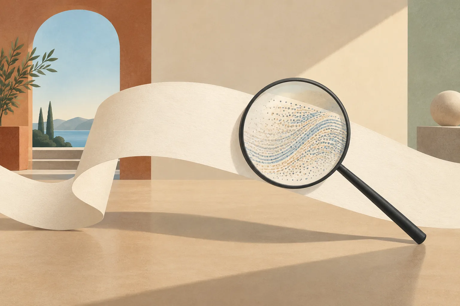 A magnifying lens reveals a subtle hidden pattern in a flowing sheet of text-free paper.