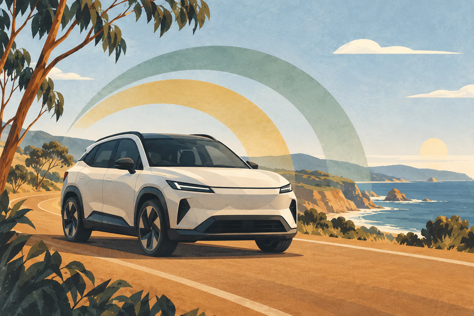 An unbranded compact electric SUV sits before two broad range arcs in an Australian landscape.