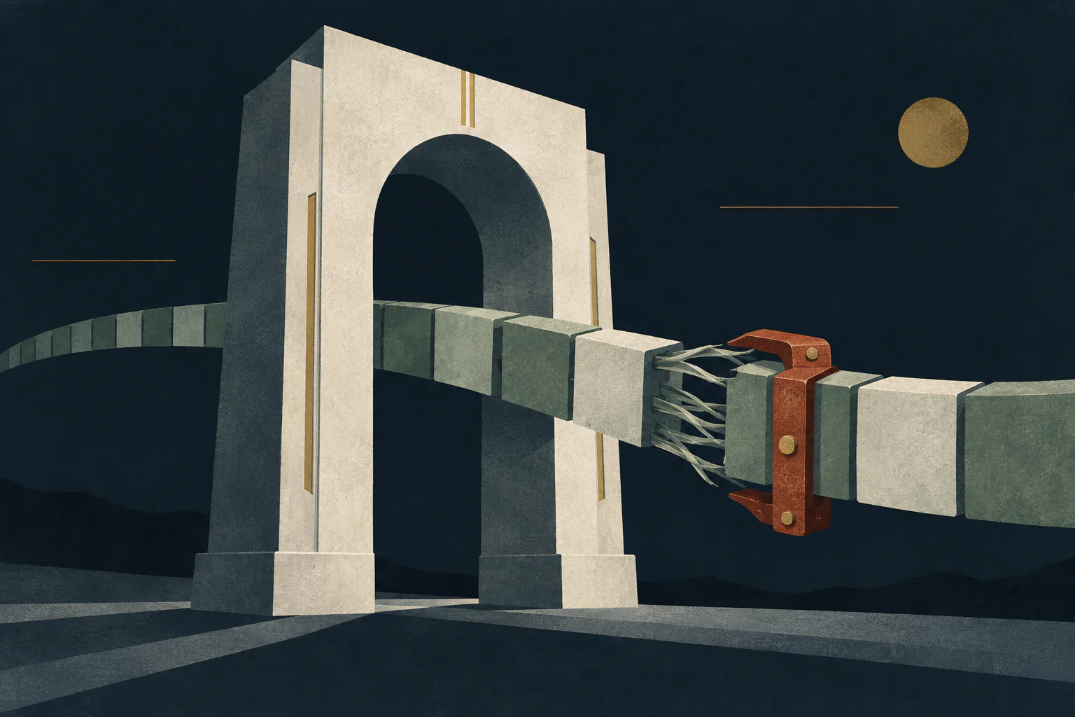 A frayed ribbon of memory blocks passes through a gateway as a bright repair clamp closes around it.