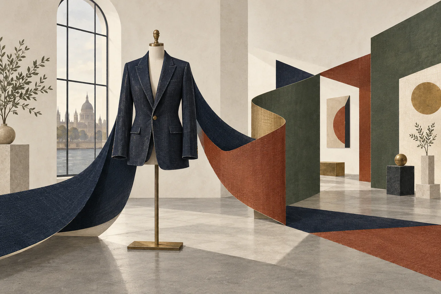 A sculptural tailored jacket unfolds into fabric ribbons across a spare London studio.