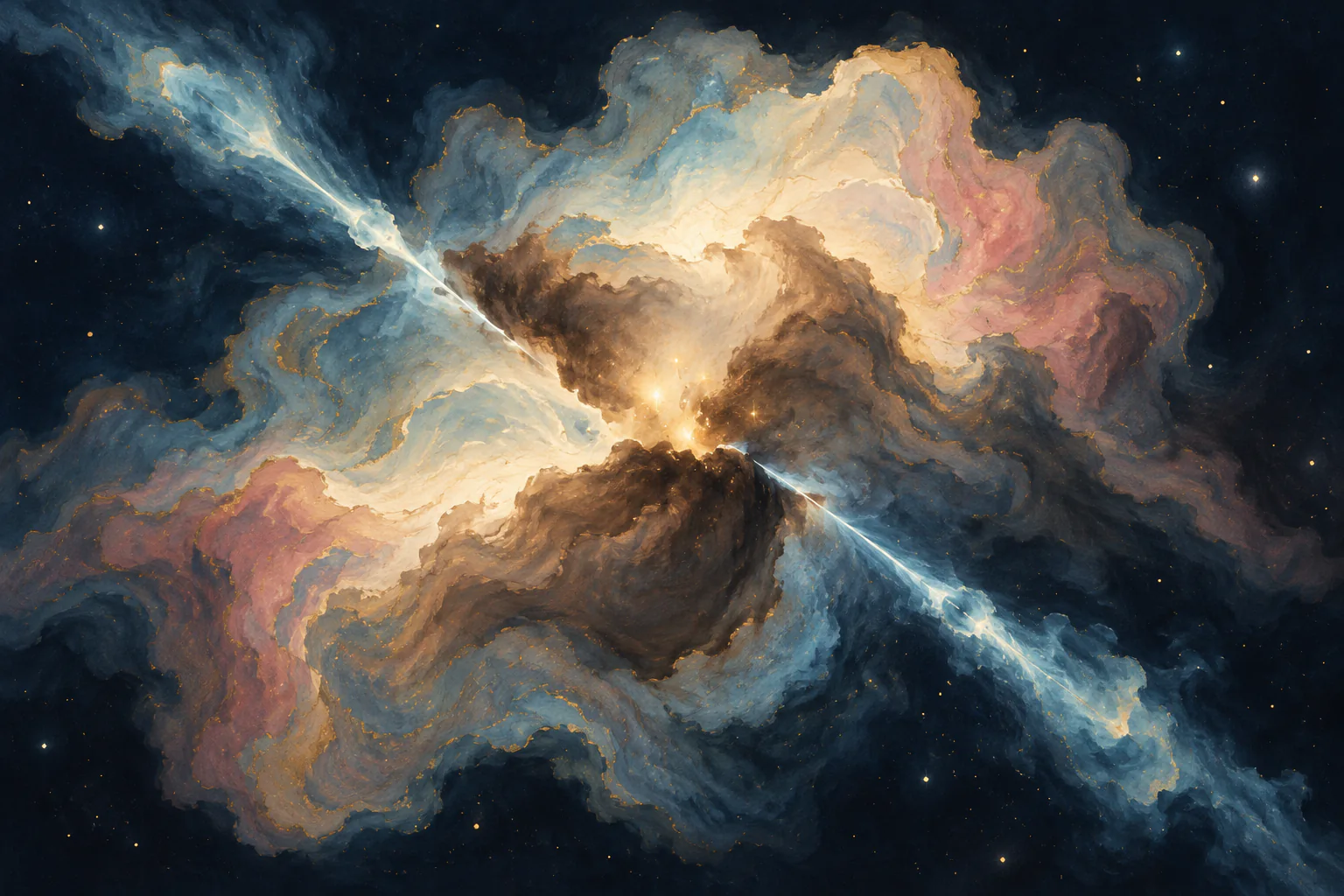 Two narrow stellar jets carve through a luminous folded cloud around hidden young stars.