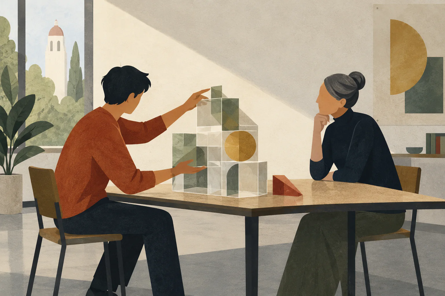 A student turns a geometric model toward a lecturer while one mismatched piece sits apart.