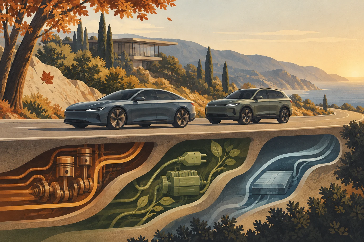 An original sedan and SUV cross an autumn landscape above separate engine, plug-in and electric energy paths.