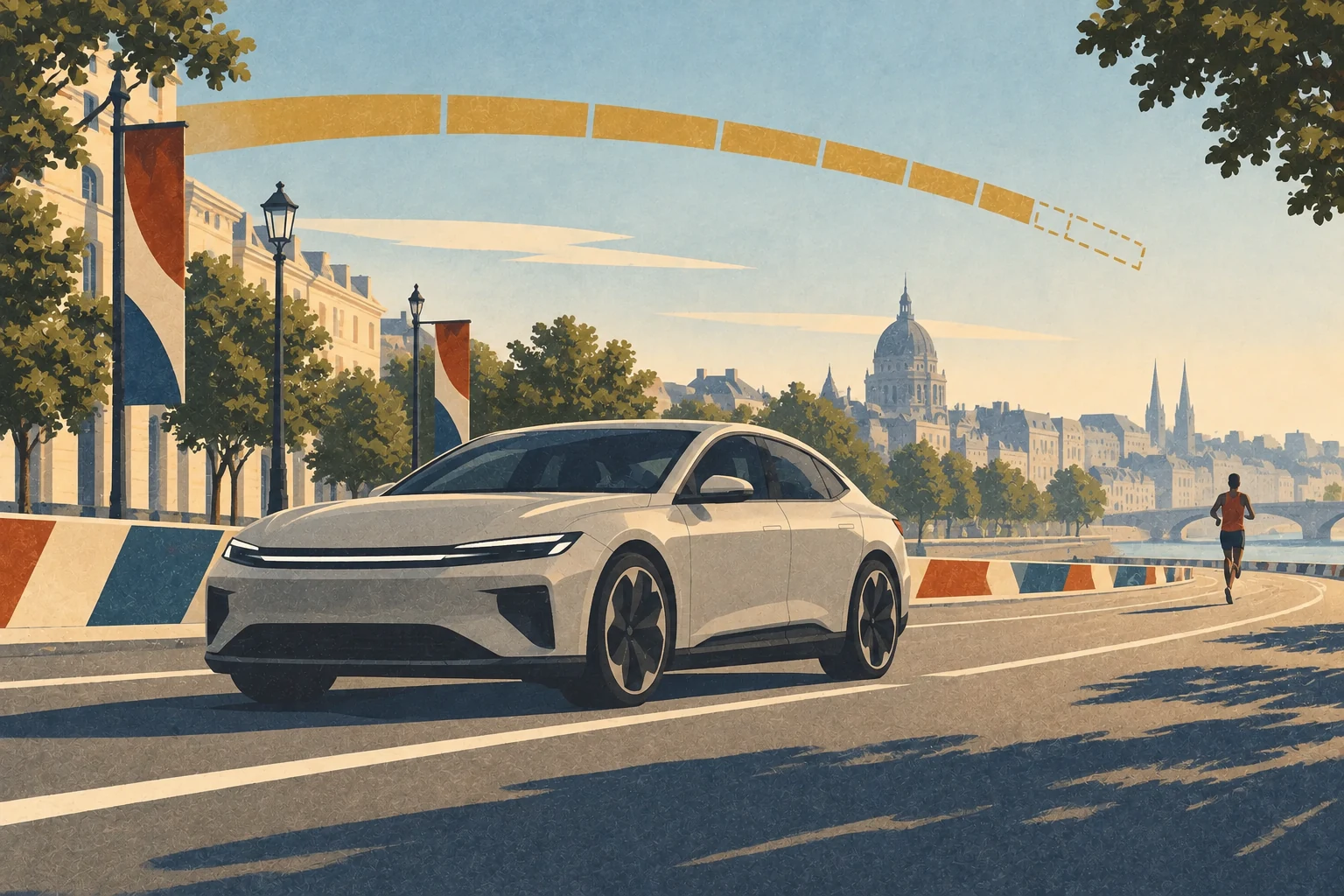 An original electric sedan leads a flowing marathon course beneath an open-ended range arc, with a single running shoe beside the route.