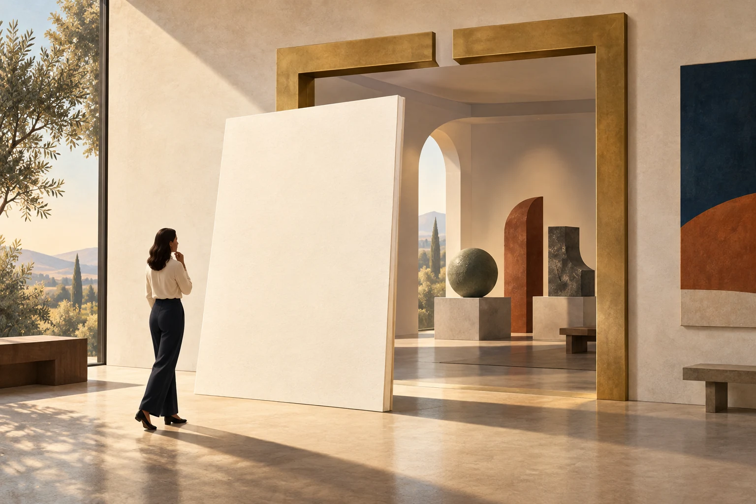 A blank fund document passes through a widened brass gateway toward a quiet gallery of private-market forms.