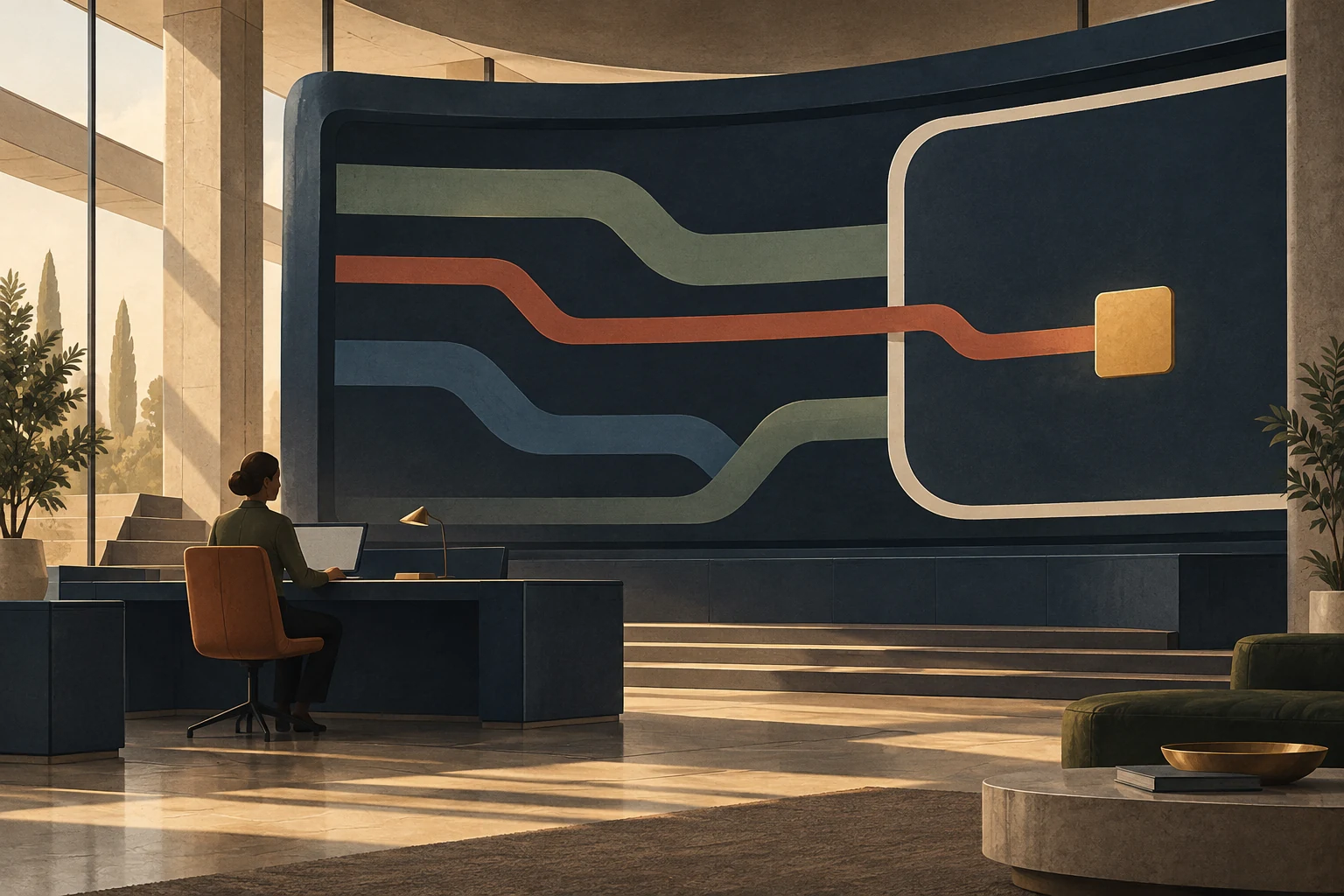 A rust-colored route crosses the boundary of a layered navy network console and ends at a gold repair block.