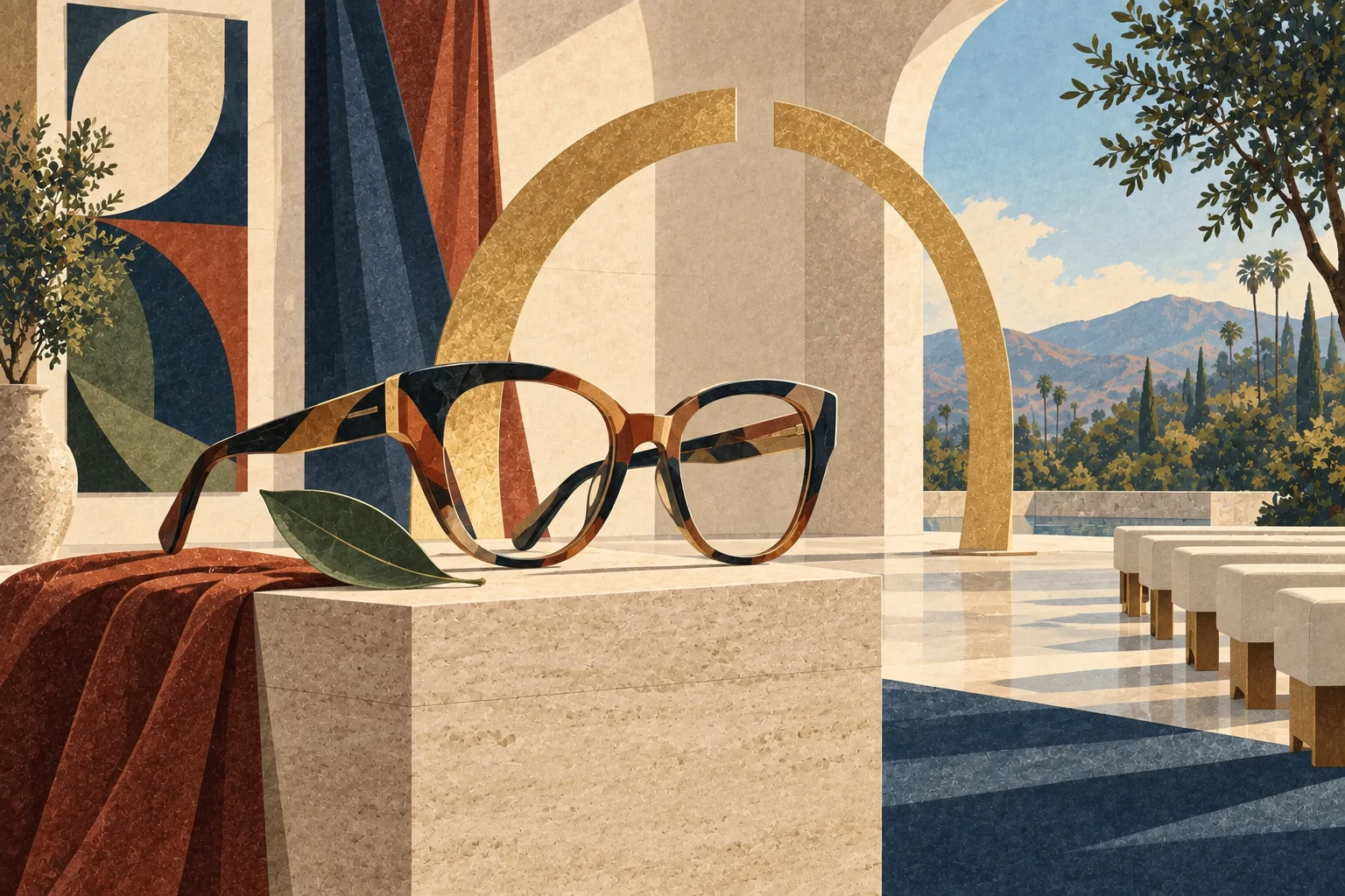 Sculptural eyeglasses rest on a pedestal beneath an open award arch and a single sanctuary leaf.