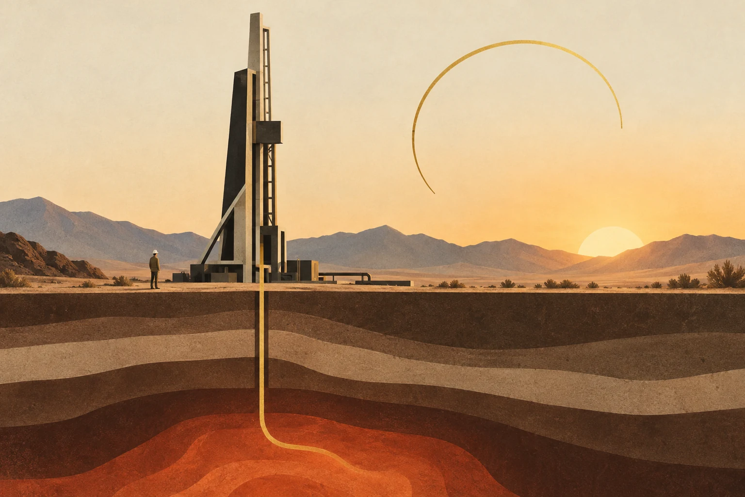 A solid drilling mast sends a gold bore through layered rock toward a rising geothermal heat plume beneath an open funding ring.