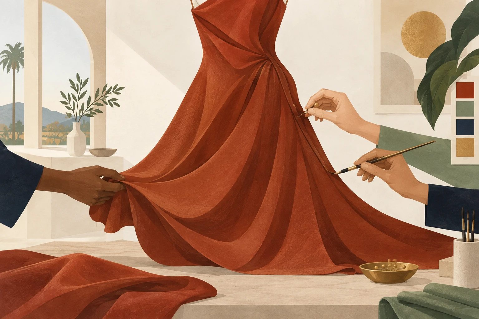 Three coordinated hands finish one flowing rust-red dress in a bright workroom.
