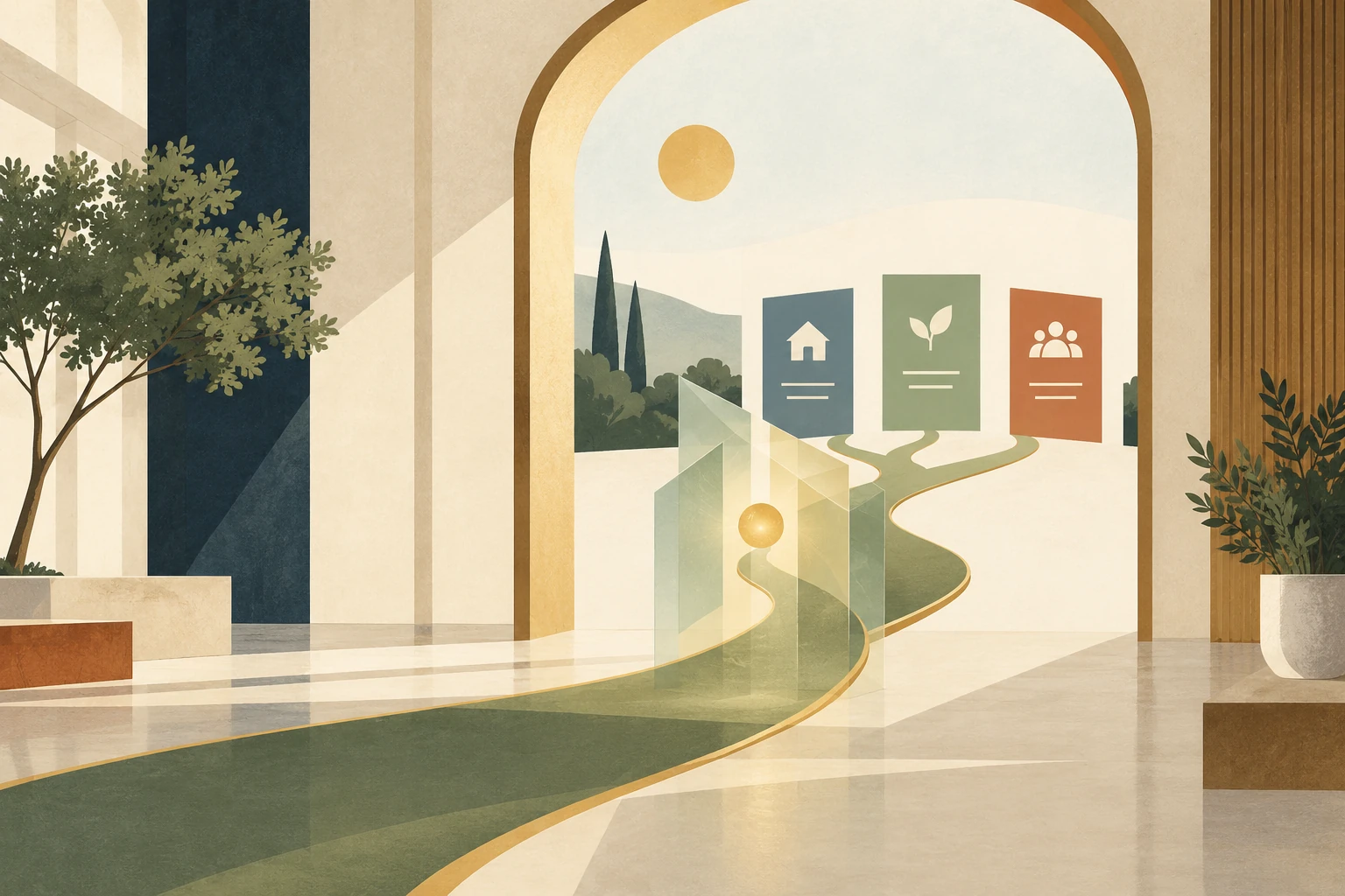 A civic guidance path passes through a translucent prism toward simple public-service forms.