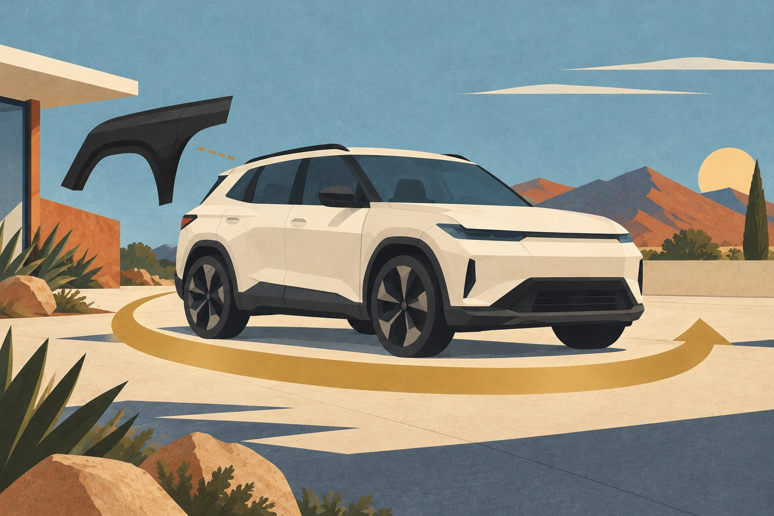 An unbranded sporty SUV sits above a broad power arc while one matte-black body panel floats beside it.