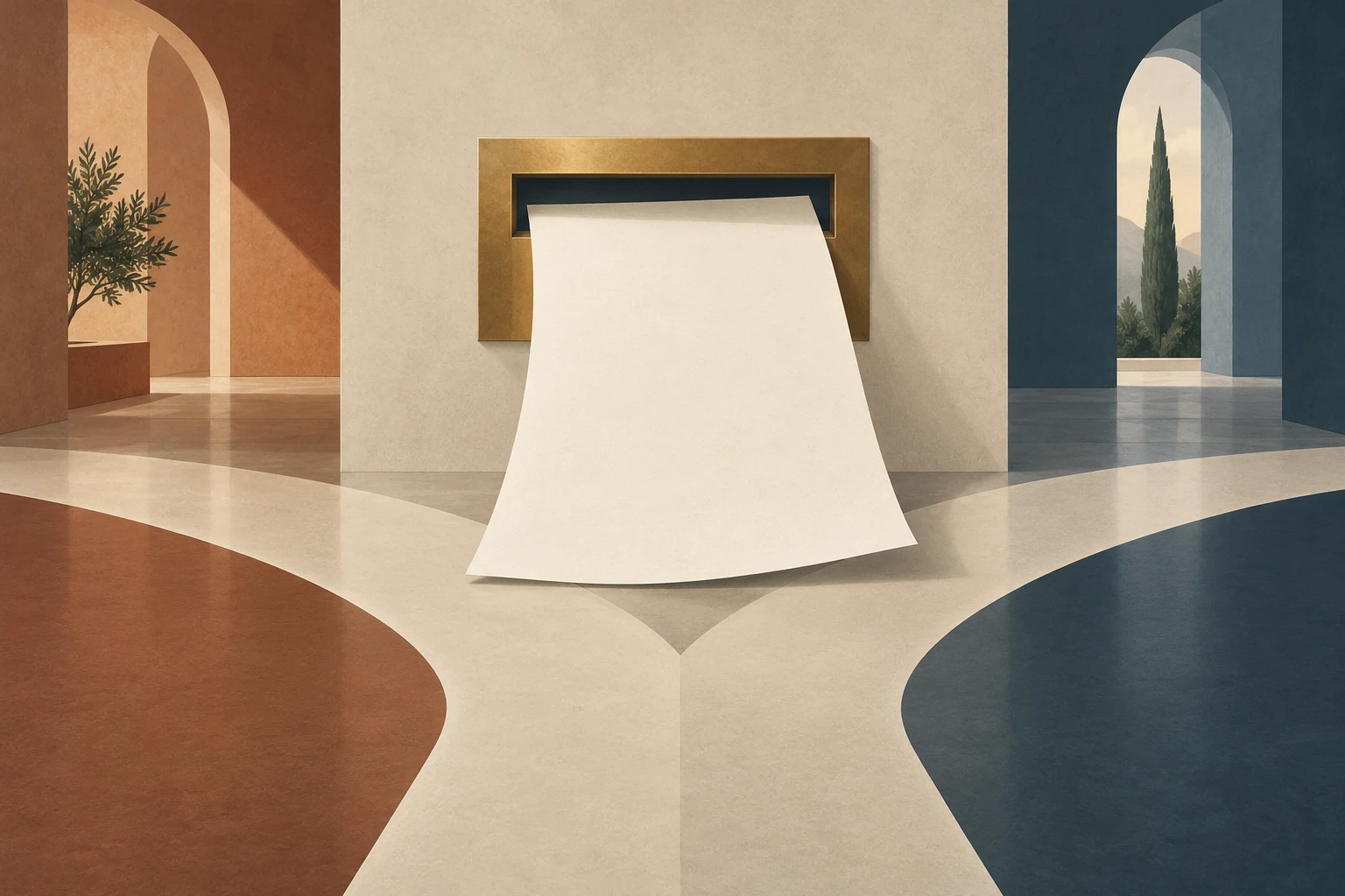 A blank proxy sheet leaves a brass frame and pauses above two diverging architectural paths.