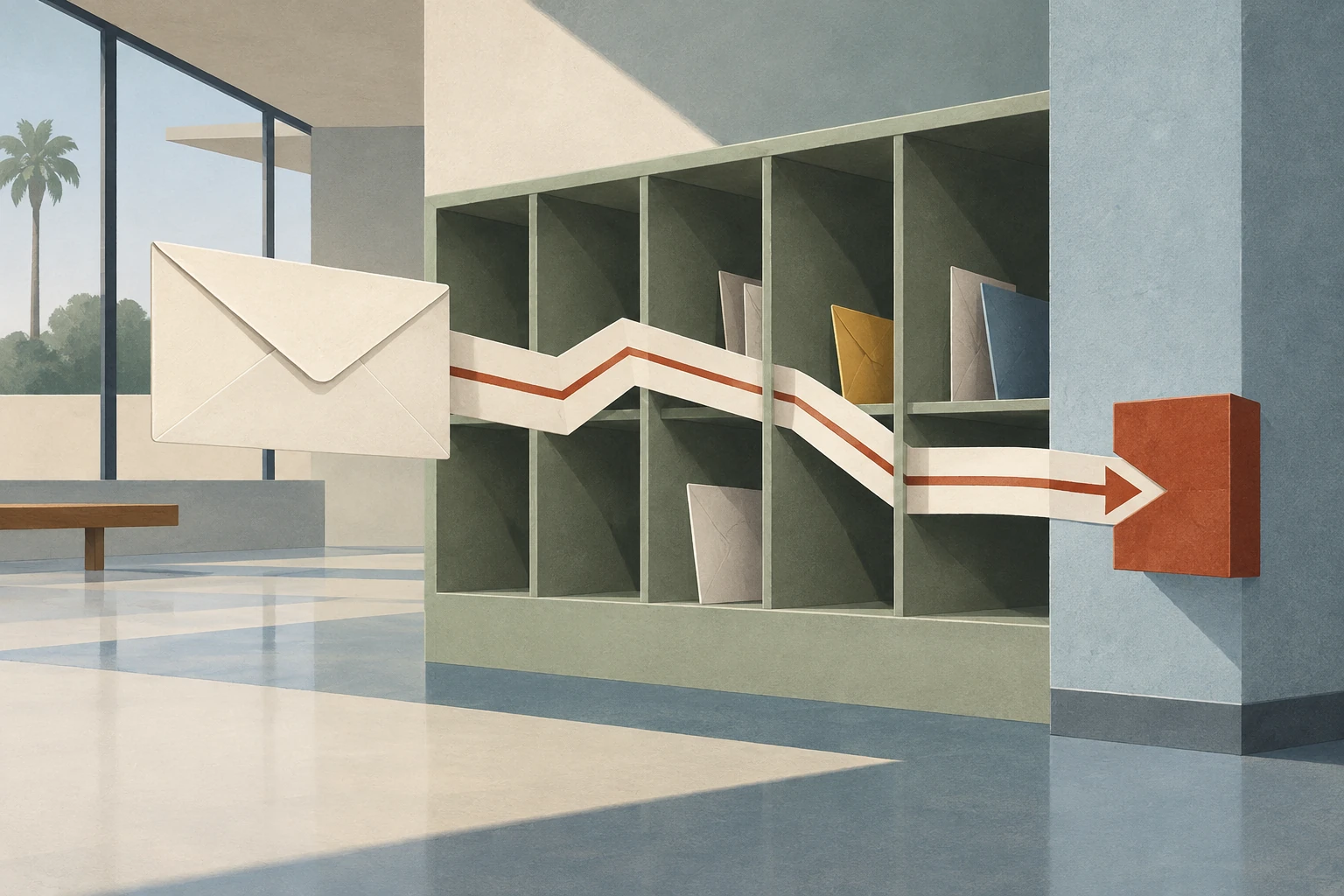 A cream envelope follows an angular route through mail compartments before a rust-colored repair block stops it.