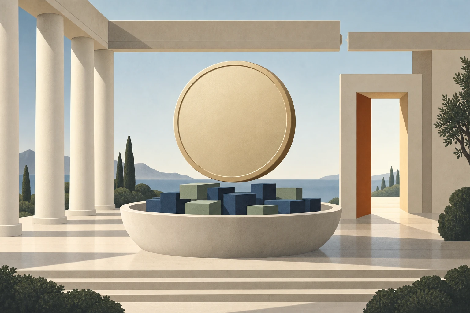 A neutral circular token balances above a basin of reserve blocks inside an incomplete regulatory frame.