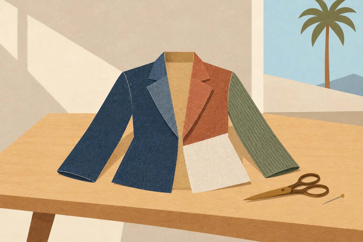 Four distinct fabric areas converge into one unfinished jacket form beside shears and a single fitting pin.