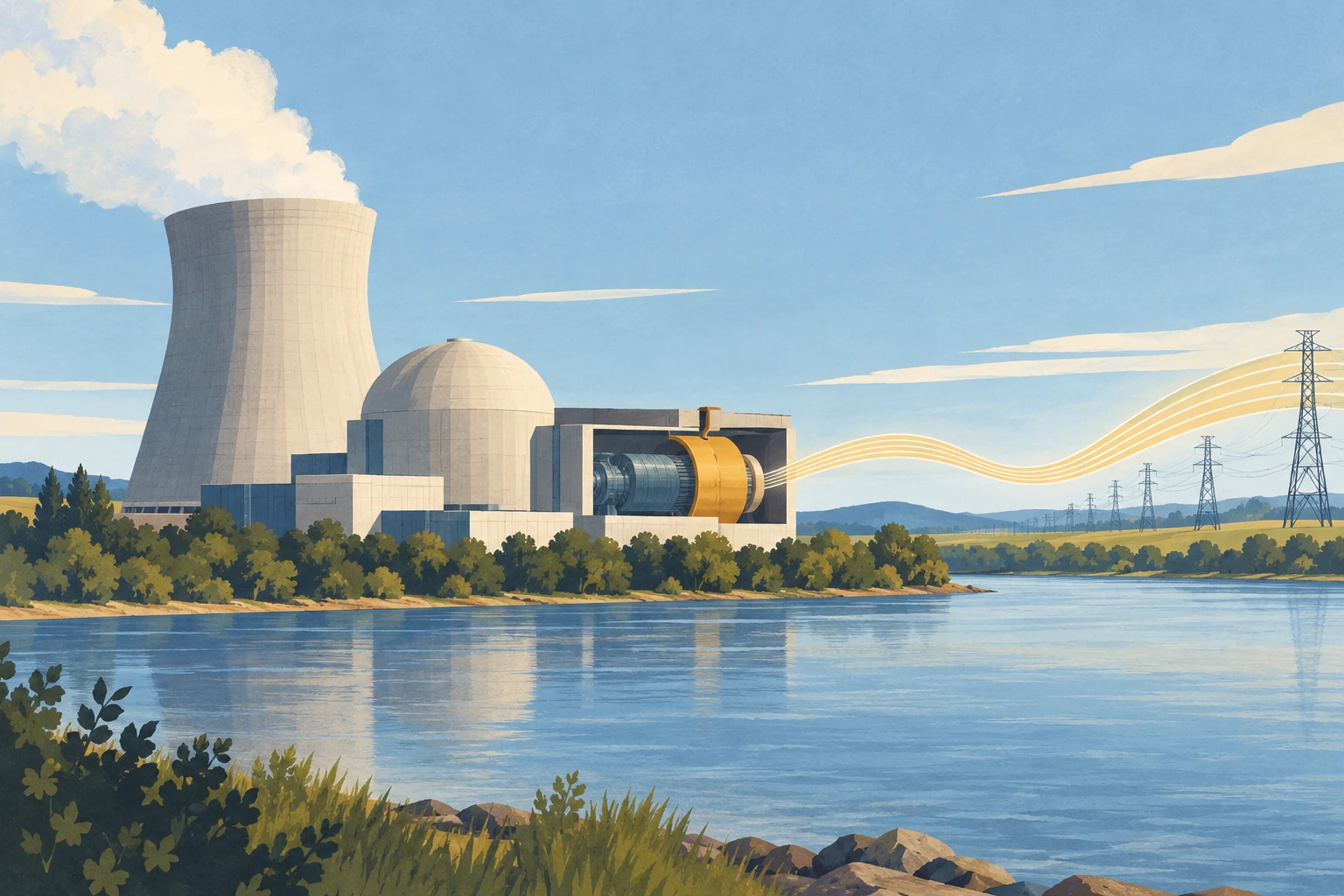 An open gold upgrade band is being fitted around an exposed turbine at an existing nuclear plant, with a projected power wave beyond.