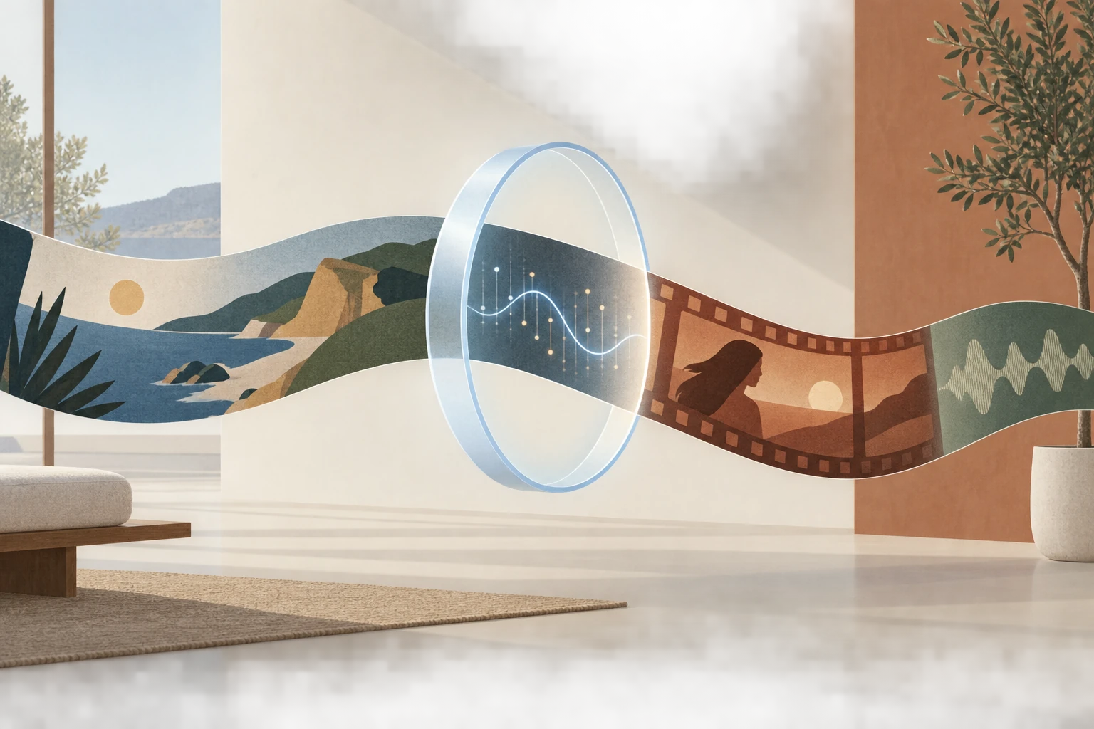 A folded media ribbon passes through a translucent ring that reveals a subtle provenance signal.