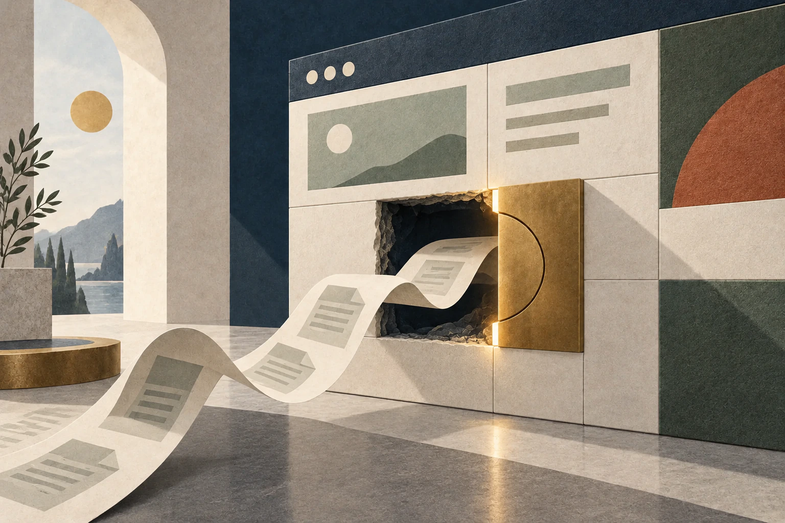 A paper trail emerges through a breached digital wall beside a fitted gold repair panel.