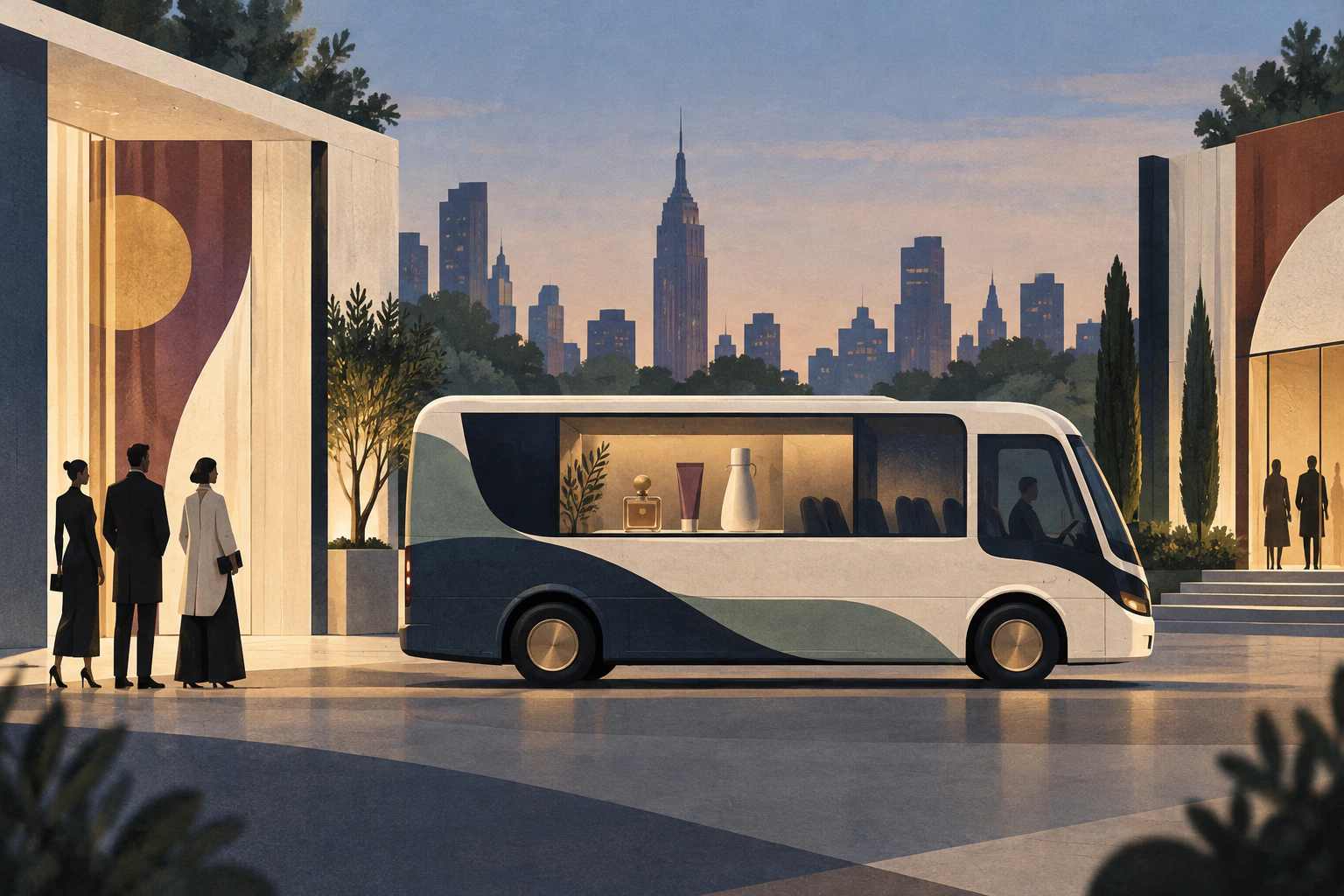 An unbranded fashion-week shuttle carries a small mobile gifting display between two event pavilions.