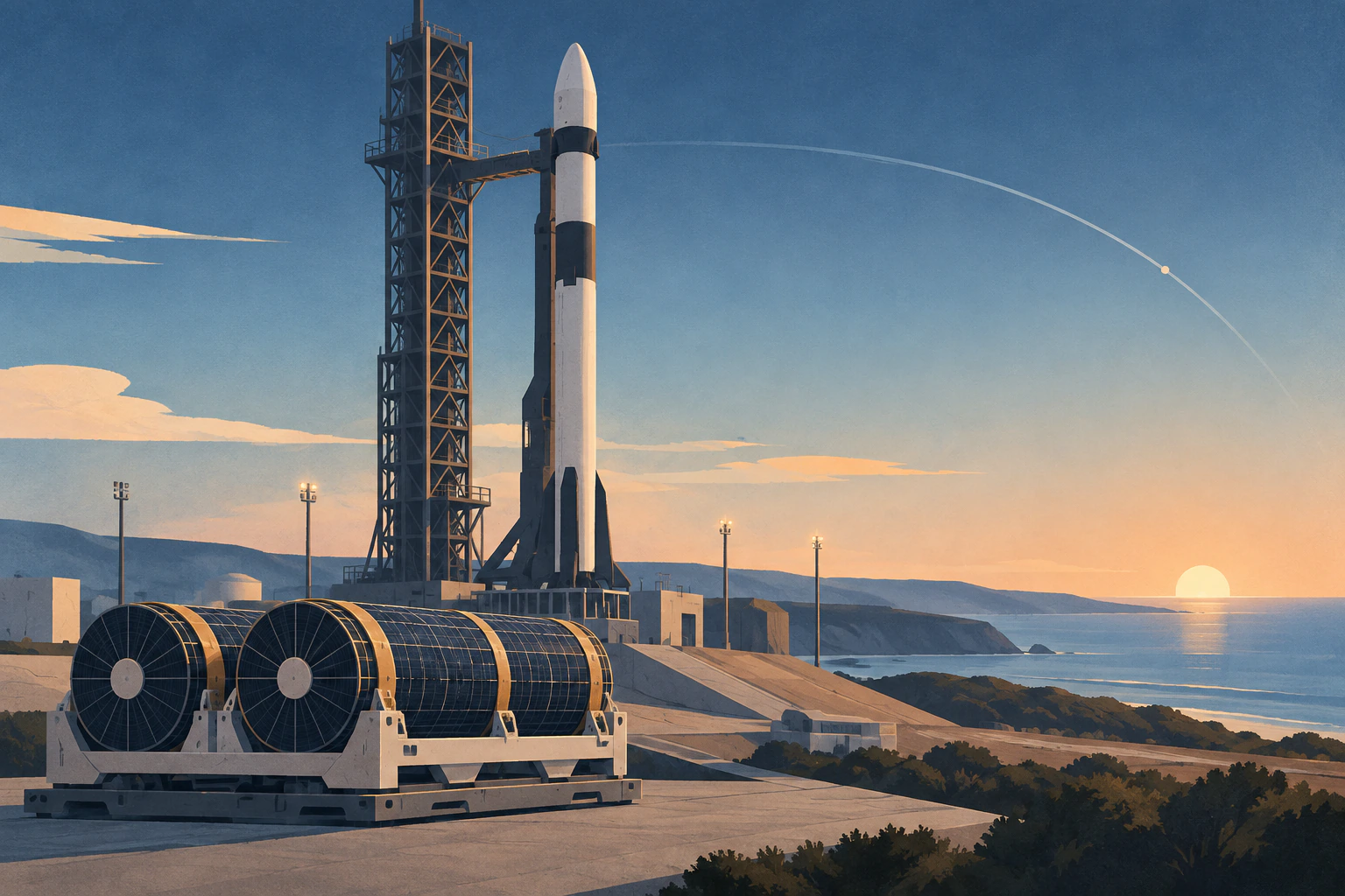 A cargo rocket waits at dawn beside two rolled solar-array packages.
