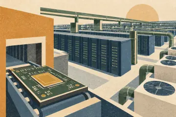 Accelerator boards and processor packages lead into expanding rows of data-center infrastructure.