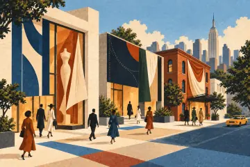 Three New York fashion venues use distinct textile panels as attendees move between them.