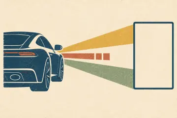 An unbranded sports coupe sends three rear-view bands toward an empty display, with the center band visibly interrupted.