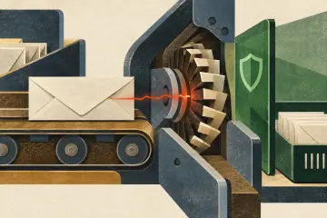 An unopened envelope reaches an internal mail-processing wheel before a separate protected inbox tray.