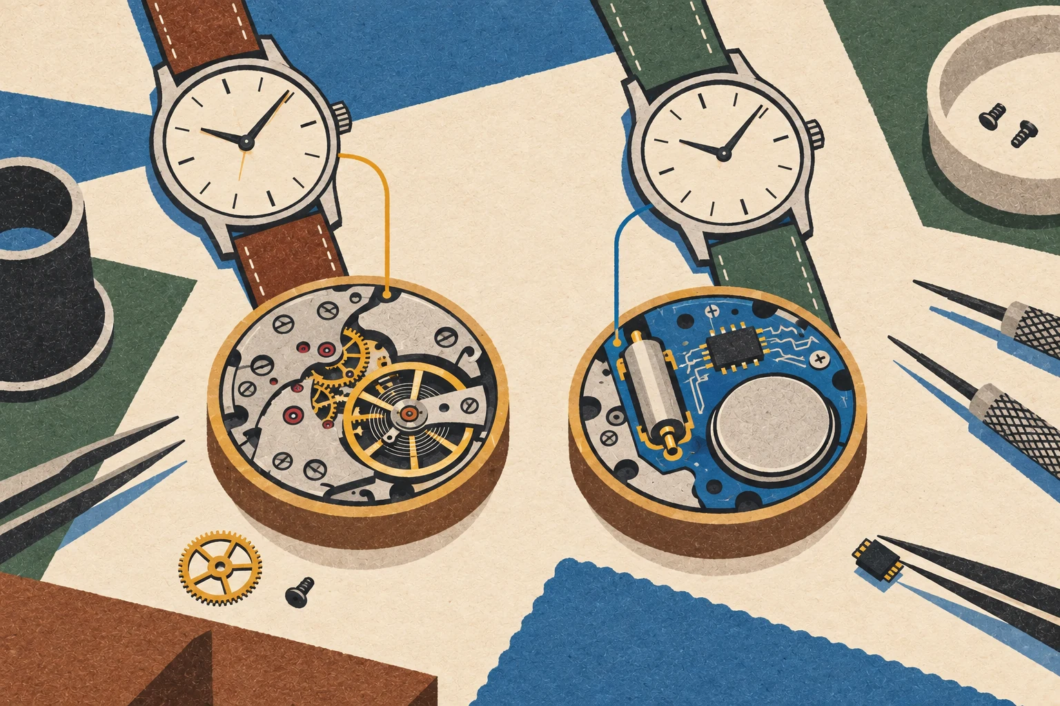 Two open watch cases compare a mechanical movement with a battery-powered quartz movement on a watchmaker's bench.
