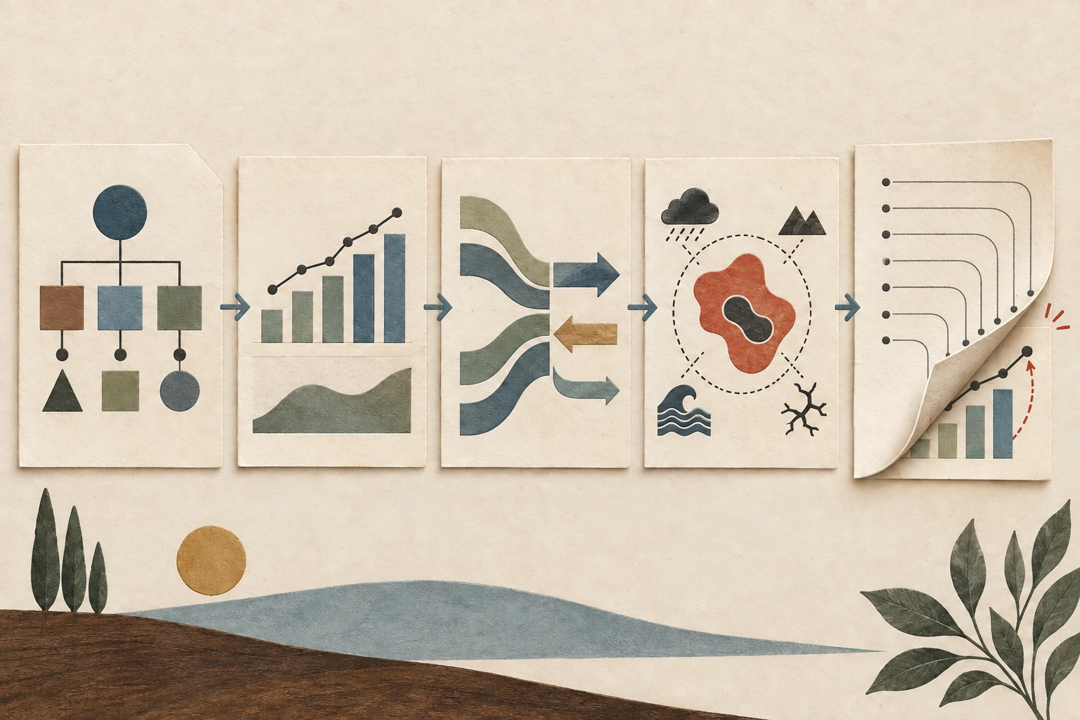 Five filing folios move from business structure through results, cash, risks, and connected footnotes.