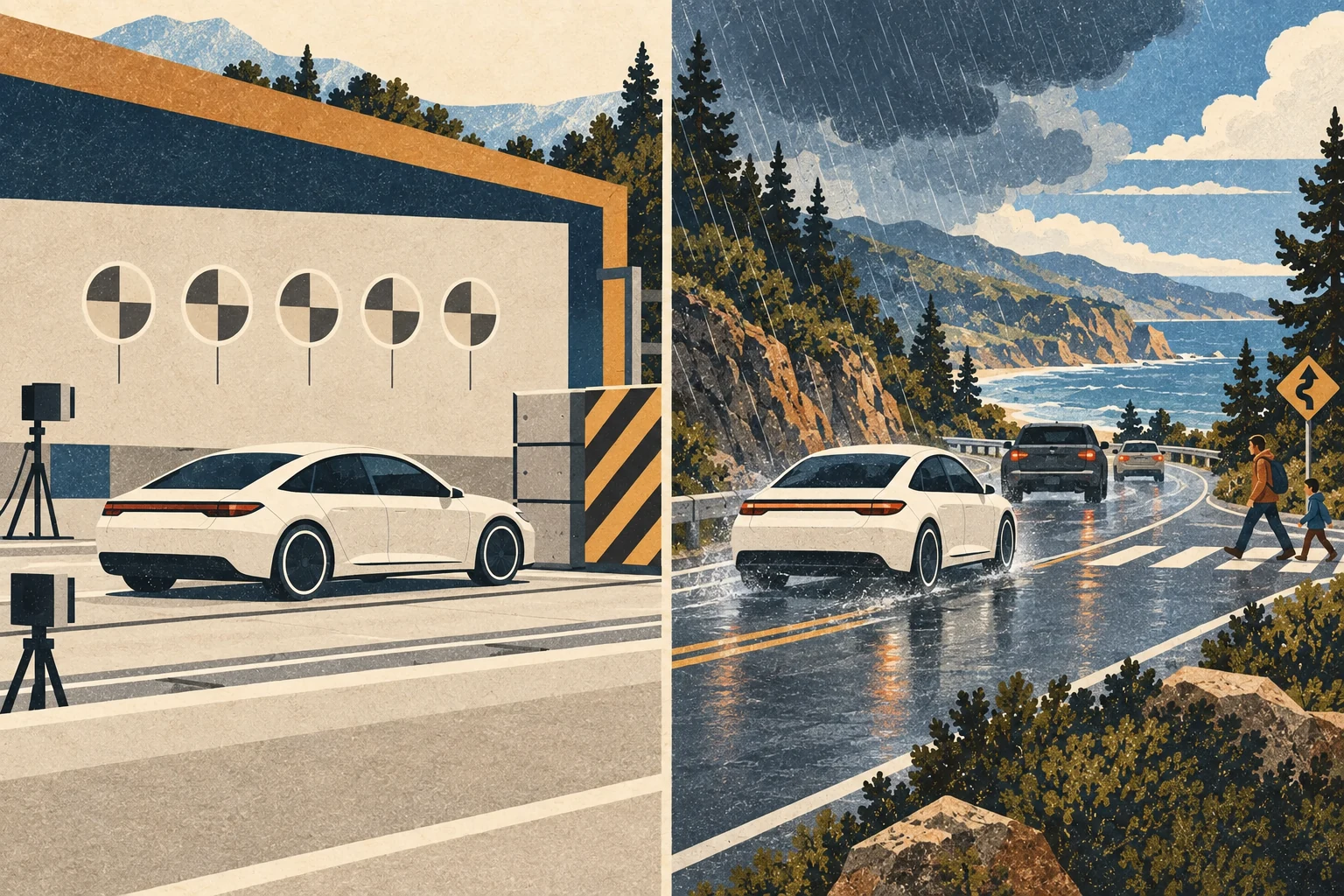 A standardized vehicle test lane is contrasted with a rainy public road containing mixed traffic and a crossing.