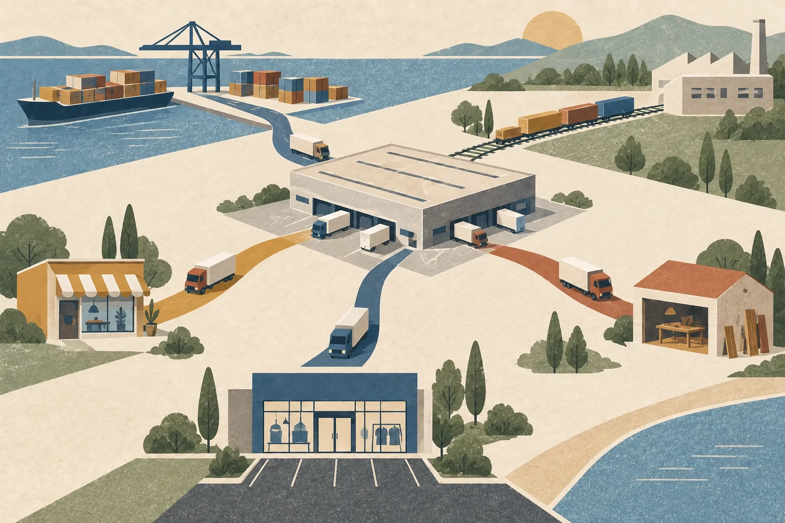 A neutral warehouse connects a port, rail line, manufacturer, workshop and independent storefront through separate logistics paths.
