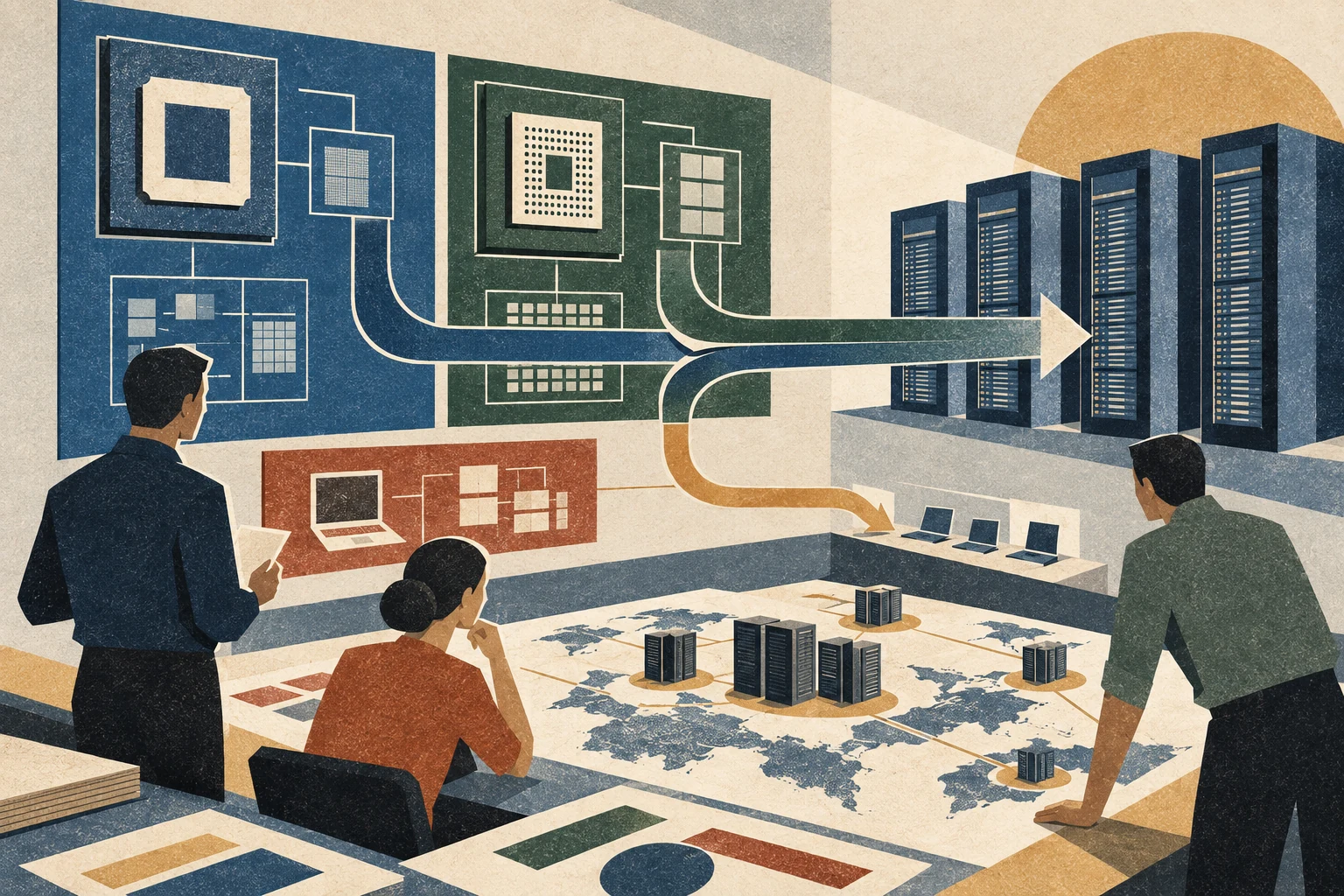 An operations team follows processor and accelerator flows into a growing data-center estate.