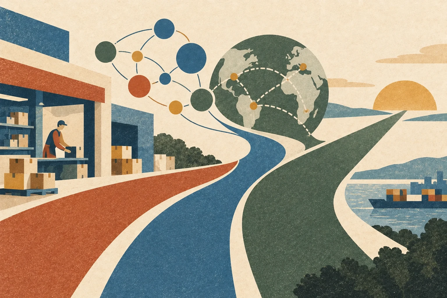 Printed goods, services and global-operations streams converge toward an open horizon.