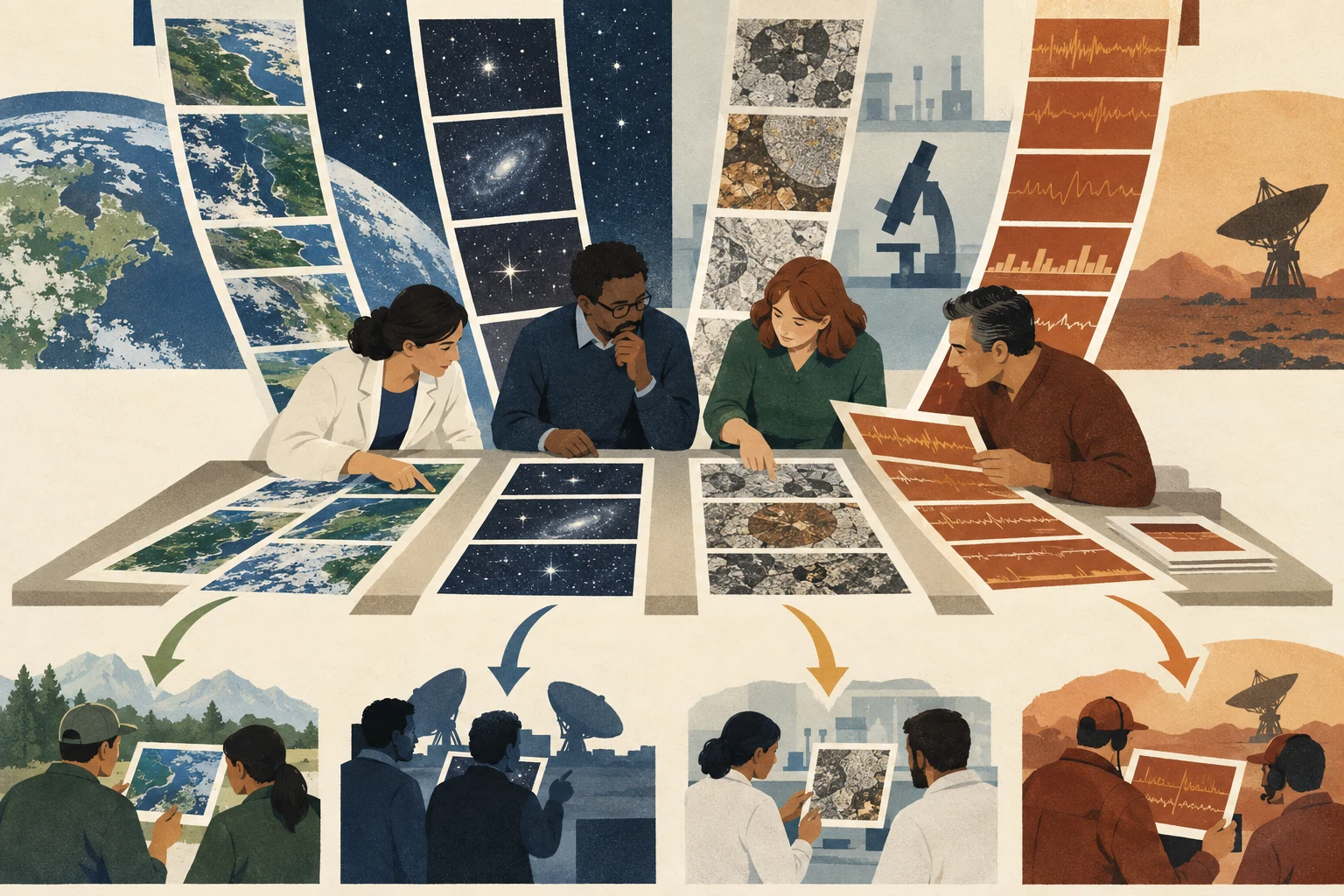 Researchers compare Earth, spaceflight and instrument observations around a shared mission-data table.