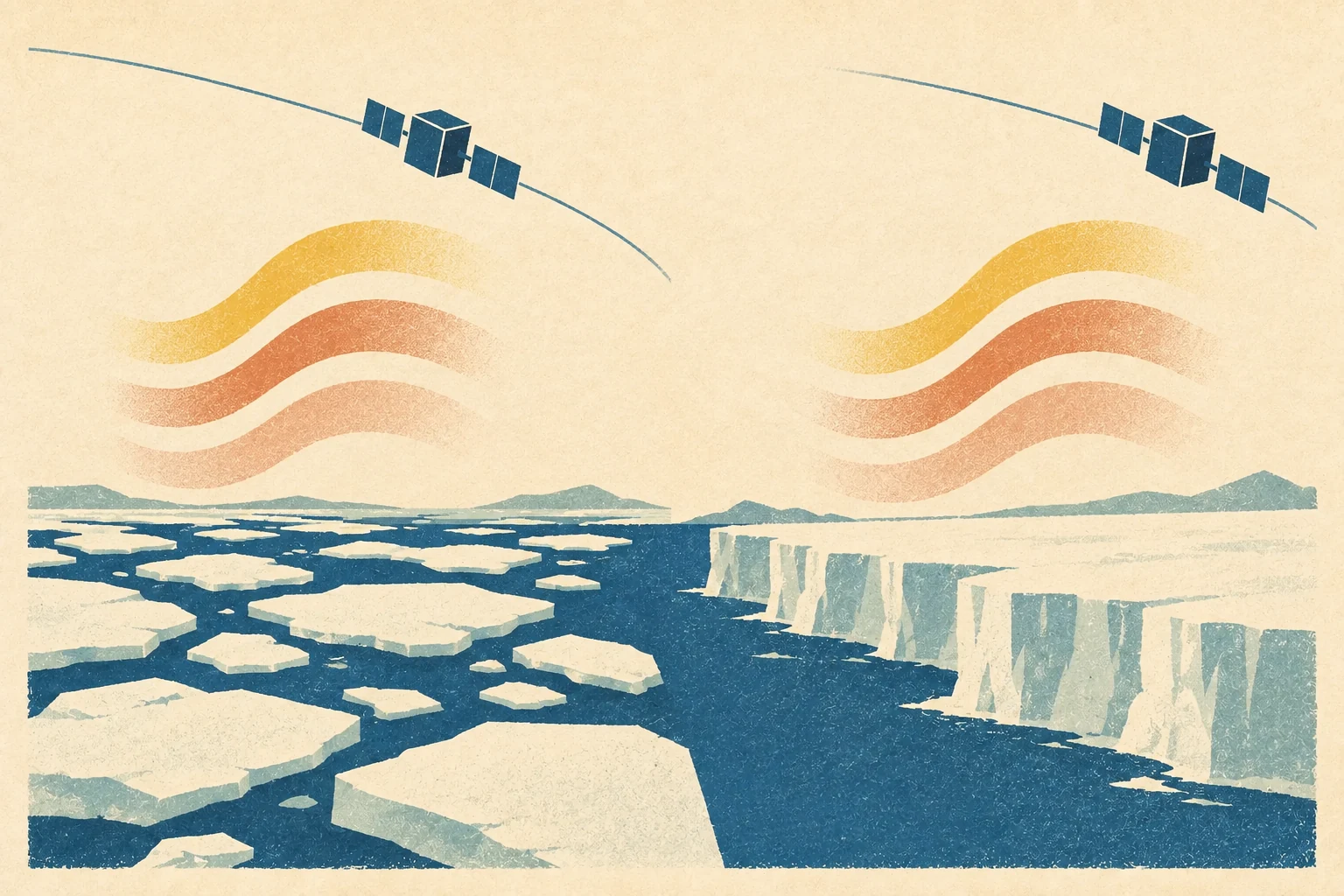 Two small satellites pass above distinct polar ice fields while broad warm bands rise from each surface without connecting beams.