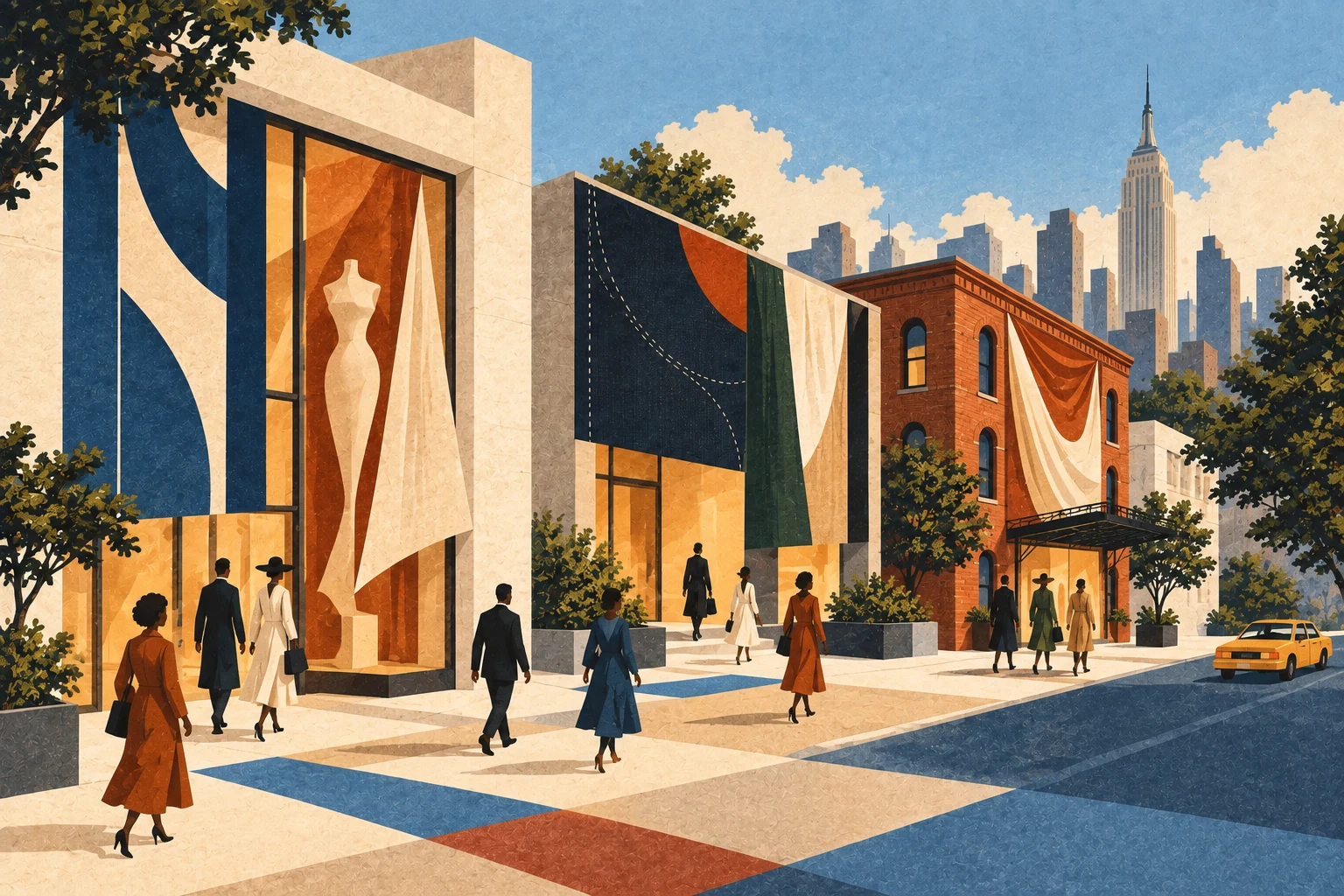 Three New York fashion venues use distinct textile panels as attendees move between them.