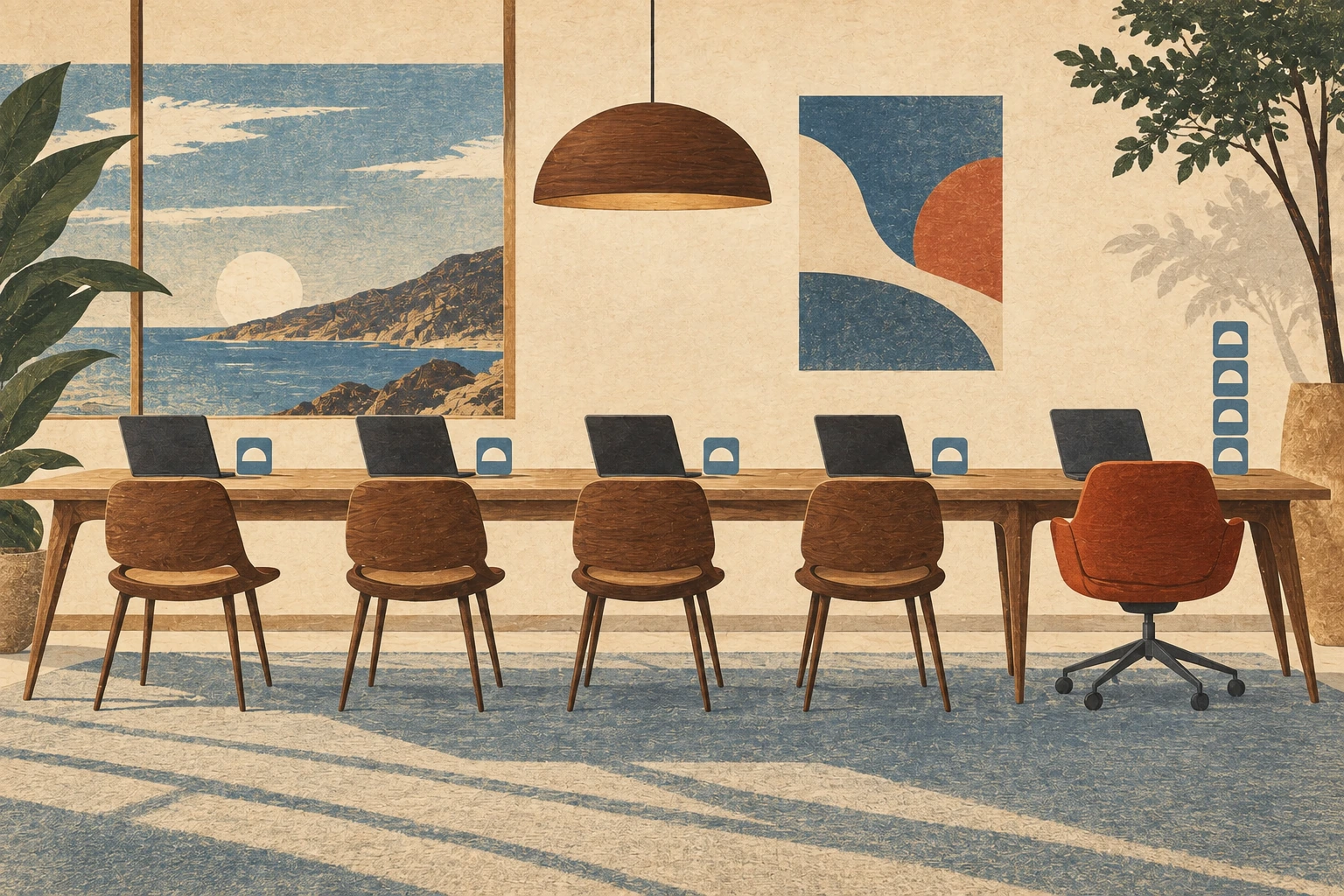 Four standard work seats face one larger vermilion premium seat in an abstract shared workspace.