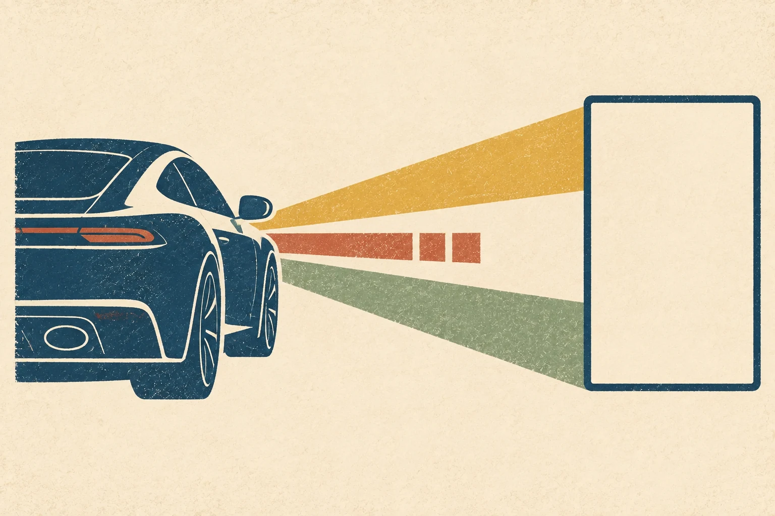 An unbranded sports coupe sends three rear-view bands toward an empty display, with the center band visibly interrupted.