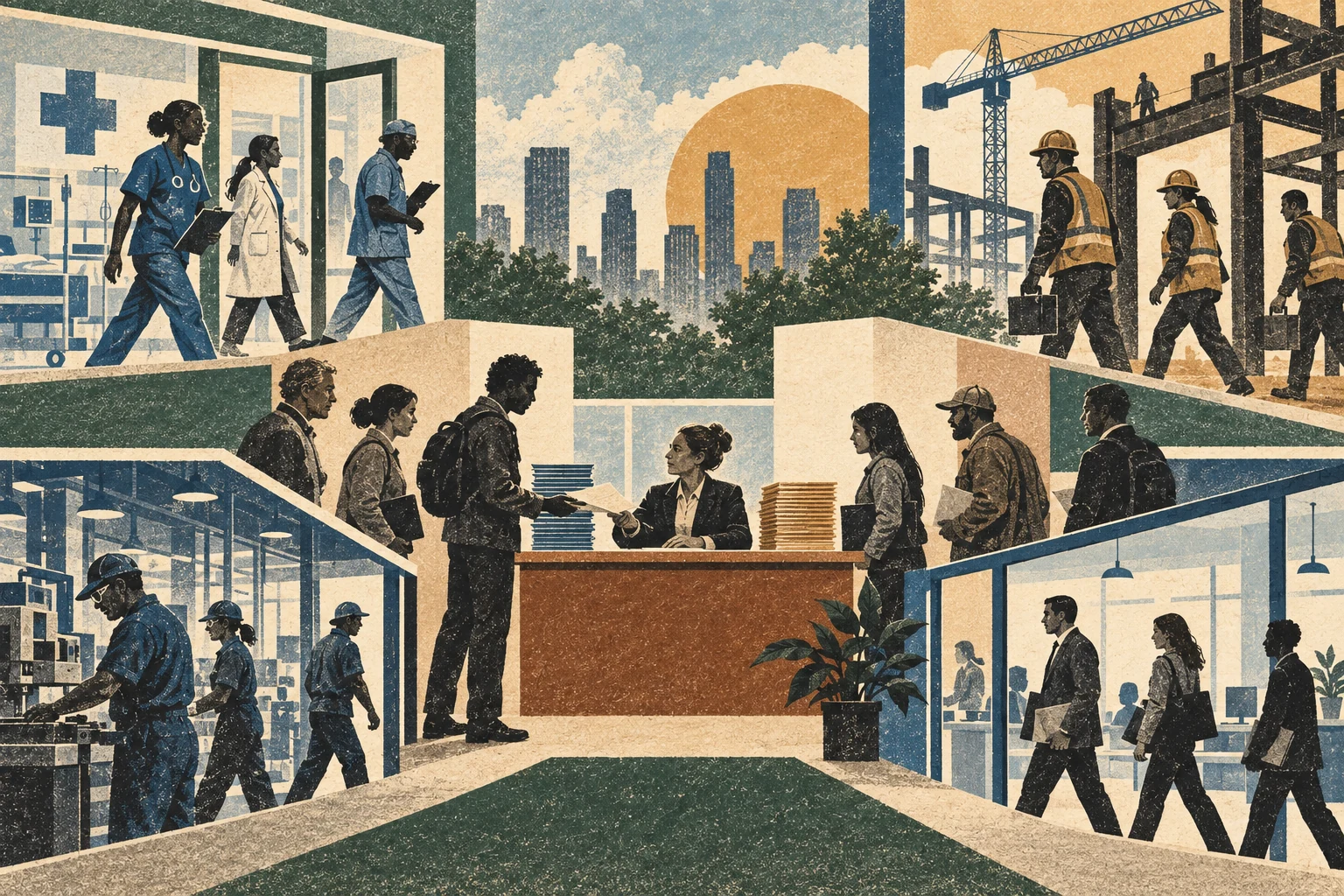 Workers and employers span a labor-market panorama while one payroll path changes direction after revision.