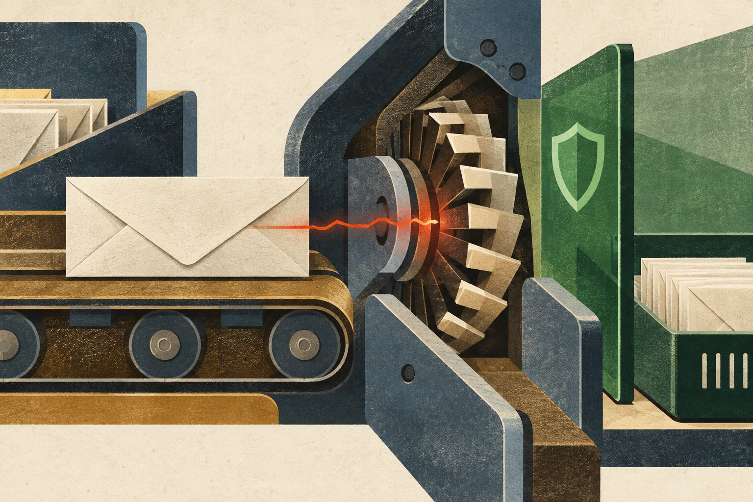 An unopened envelope reaches an internal mail-processing wheel before a separate protected inbox tray.
